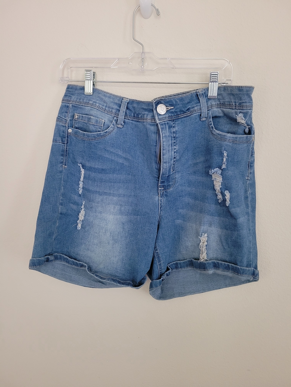 Women’s Distressed Blue Denim Jean Shorts with Rolled Hem